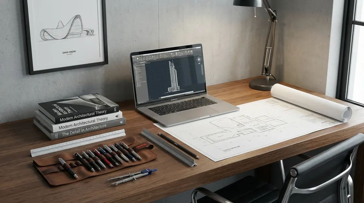 Mesa de estudante de arquitetura com laptop rodando AutoCAD, livros de teoria, plantas e luminária de prancheta