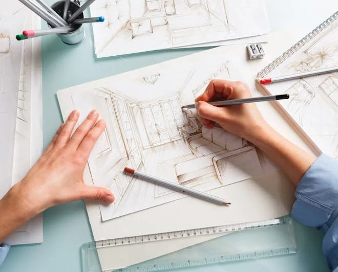 M&atilde;os de estudante de arquitetura desenhando perspectiva interna com l&aacute;pis e prancheta sobre mesa de est&uacute;dio