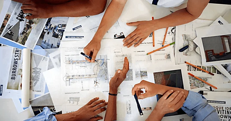 Equipe de estudantes de arquitetura em mesa colaborativa, discutindo pranchas de projeto urbano com l&aacute;pis e marcadores
