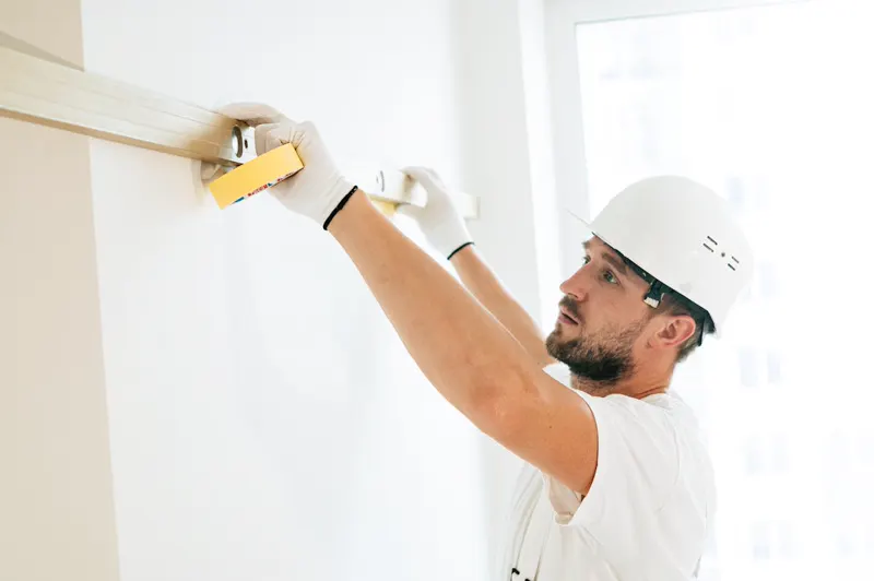 Profissional com capacete usando trena de fita para medir parede em obra de construção civil