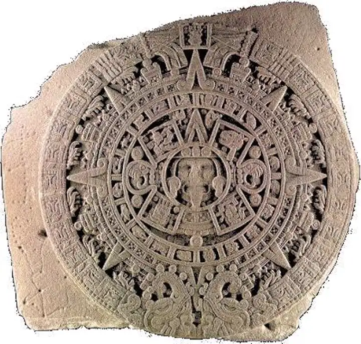 Piedra del Sol asteca em basalto com 3,6 metros de diâmetro, mostrando o deus solar Tonatiuh ao centro e os glifos das cinco eras cósmicas
