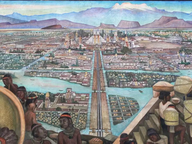 Mural de Diego Rivera no Palácio Nacional de CDMX mostrando a cidade flutuante de Tenochtitlán sobre o Lago Texcoco com chinampas, calçadas em cruz e o Templo Mayor ao centro