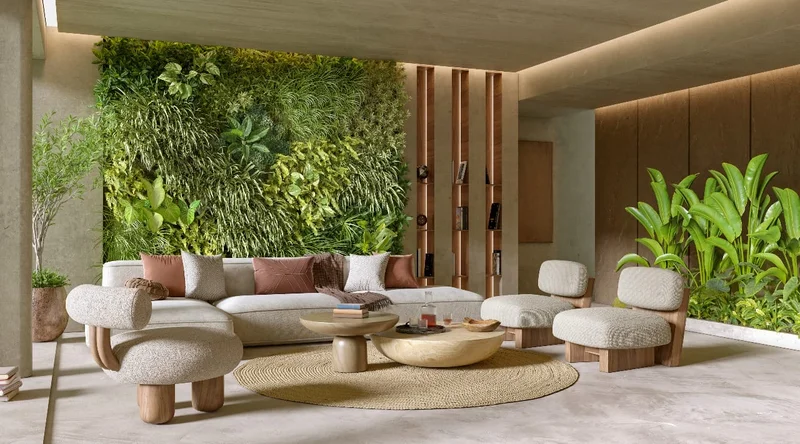 Sala de estar com jardim vertical, mobiliario boucle e paleta neutra terrosa em projeto de arquitetura de interiores