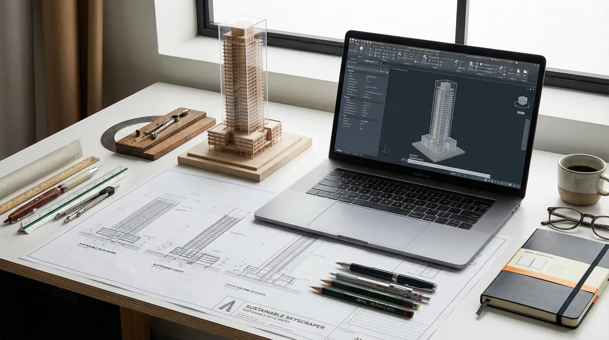 Arquiteto trabalhando: mesa com plantas, maquete física e laptop com software CAD aberto