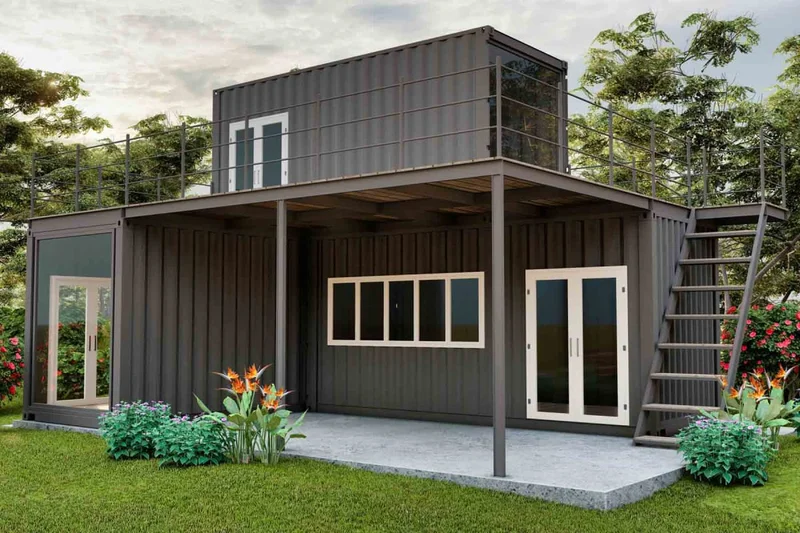 Render de casa container dois pavimentos com varanda coberta, esquadrias amplas e jardim integrado