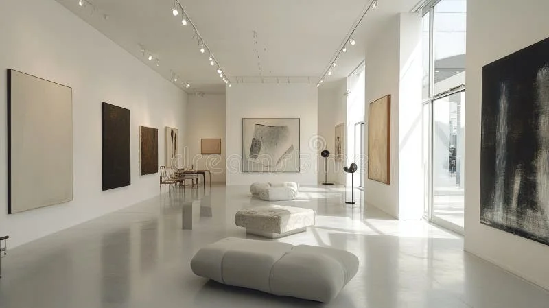 Interior de galeria com arquitetura minimalista e iluminação natural