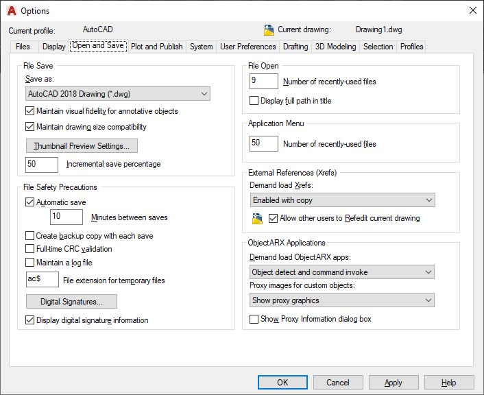 Caixa Options do AutoCAD na aba Open and Save, com o Automatic save marcado e definido para 10 minutes between saves, e a opção Create backup copy with each save