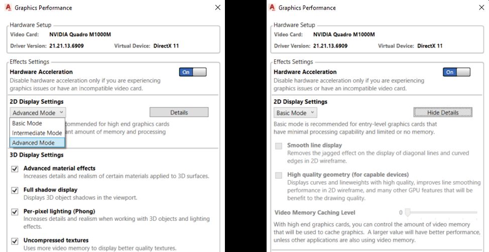 Caixa Graphics Performance do AutoCAD com o botão Hardware Acceleration em On, os dados da placa de vídeo e os modos de exibição 2D e 3D