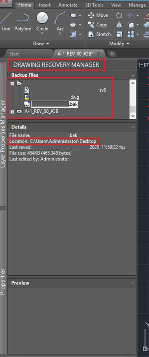Painel Drawing Recovery Manager do AutoCAD, com a lista de arquivos de backup (.bak e .sv$) e o painel Details mostrando nome, local e data do último salvamento