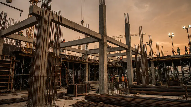 Canteiro de obras com pilares de concreto armado e armaduras verticais expostas em fase de estrutura