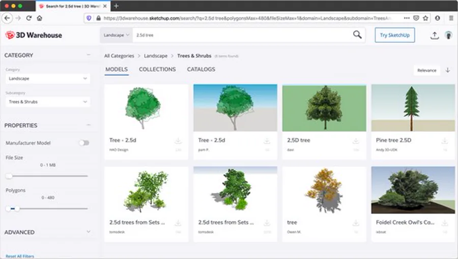 Interface do 3D Warehouse do SketchUp exibindo a busca por componentes de árvores, com filtros de categoria e botões de download