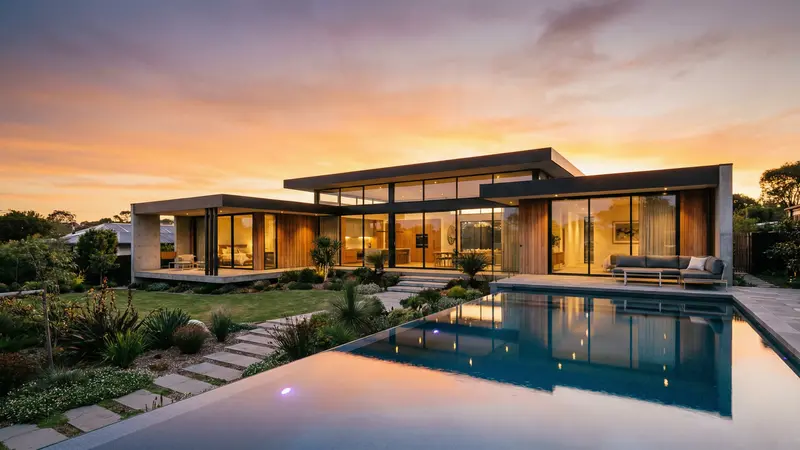 Casa contemporânea brasileira com fachada de madeira certificada e cobertura com painéis solares ao entardecer