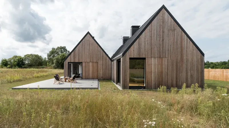 Duas casas modernas em madeira maciça escura com telhado de duas águas — arquitetura escandinava contemporânea