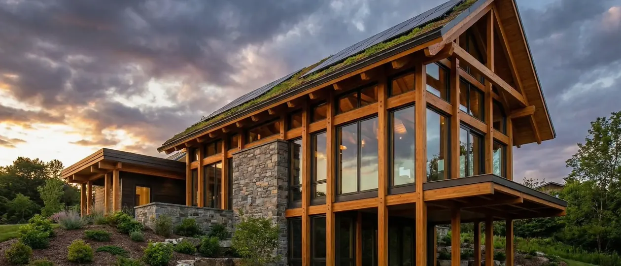 Casa de madeira moderna em estrutura MLC (madeira laminada colada) com telhado verde e fechamento em vidro ao pôr do sol