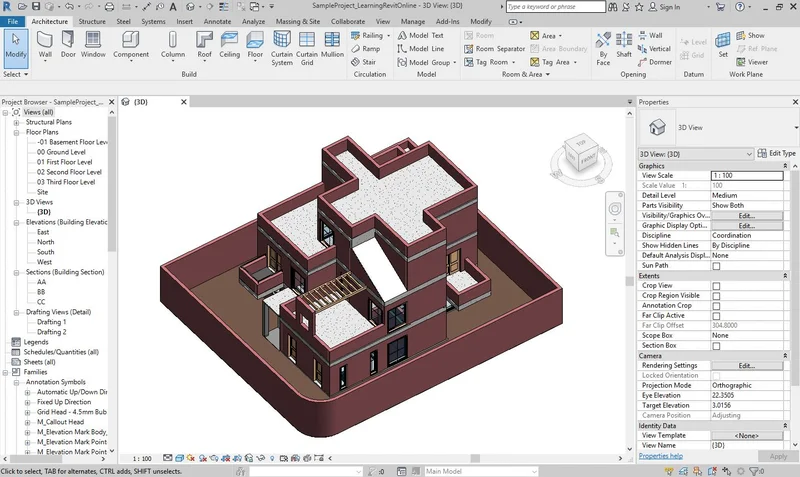 Interface do Autodesk Revit com modelo 3D de edifício residencial, ribbon Architecture e Project Browser com Floor Plans e Elevations visiveis
