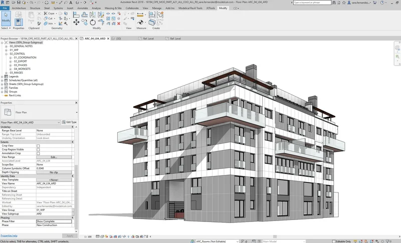 Tela do Revit no nivel intermediario mostrando vista de fachada de edificio multifamiliar com Properties e Project Browser organizados