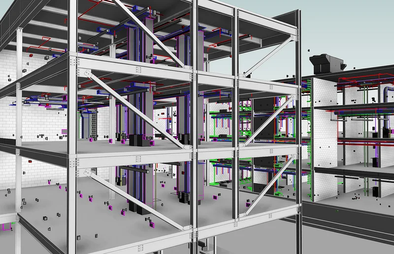 Modelo BIM coordenado no Revit com estrutura metalica, dutos de ar condicionado e tubulacoes MEP em multiplos pavimentos