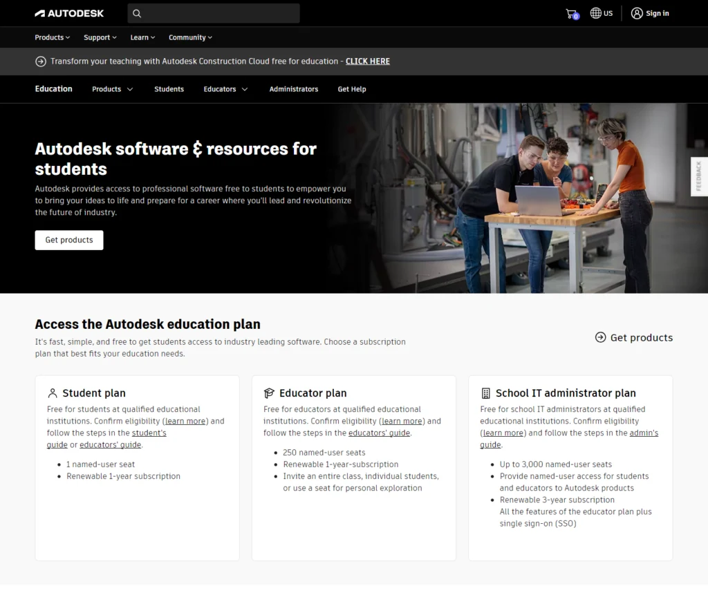 Página oficial Autodesk Education com o botão Get products e os planos para estudantes