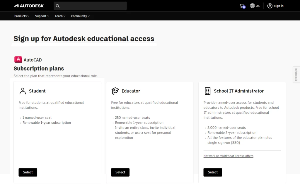 Tela de planos educacionais do AutoCAD: Student, Educator e School IT Administrator
