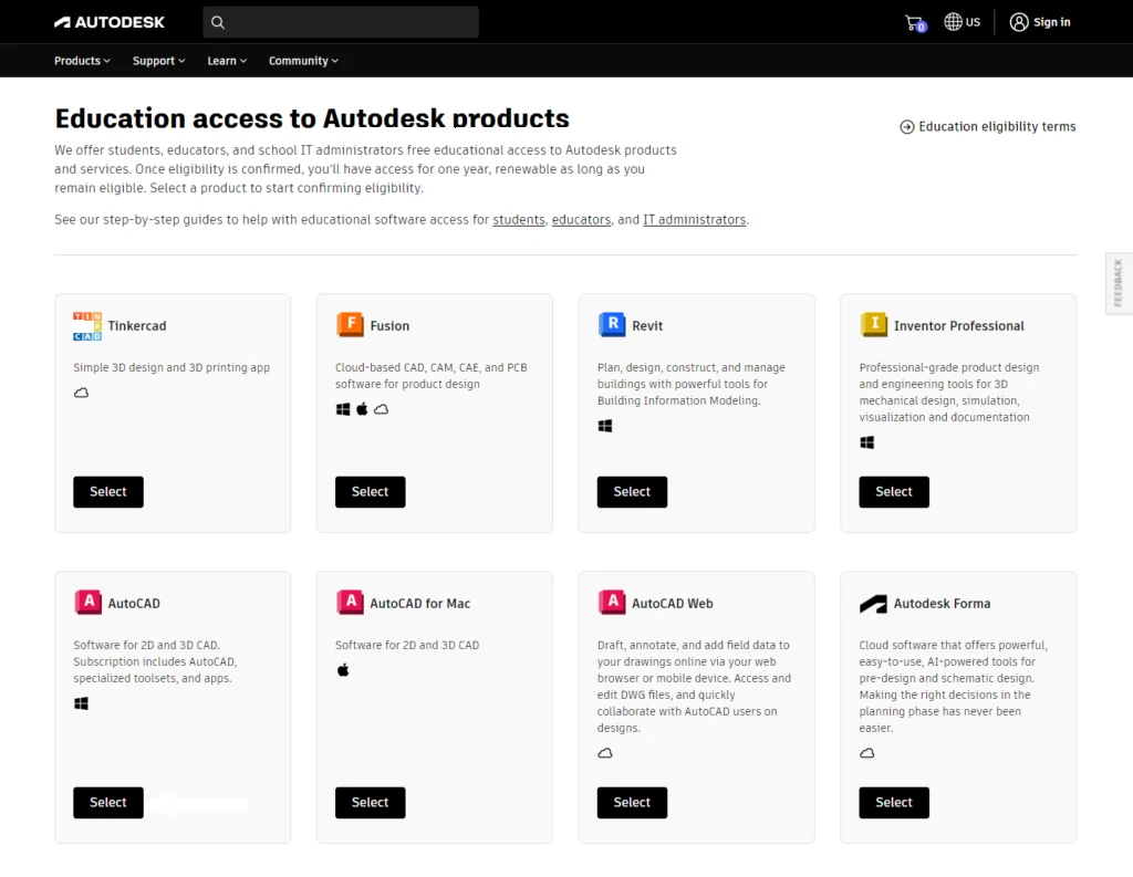 Página da Autodesk com a grade de produtos, incluindo o AutoCAD, para selecionar e obter o instalador