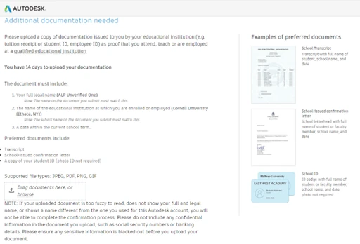 Tela Additional documentation needed do Autodesk/SheerID pedindo o upload do comprovante de matrícula, com exemplos de documentos aceitos