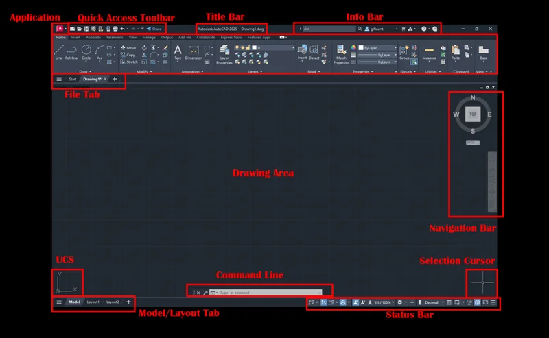 Interface real do AutoCAD com Ribbon, Command Line e Status Bar destacados - onde mora o controle de escala da viewport