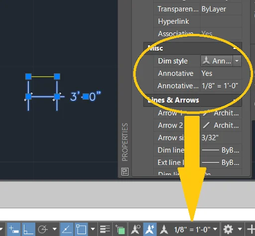 Painel Properties do AutoCAD mostrando Annotative Yes e Annotation Scale 1/8 igual 1 pe na status bar