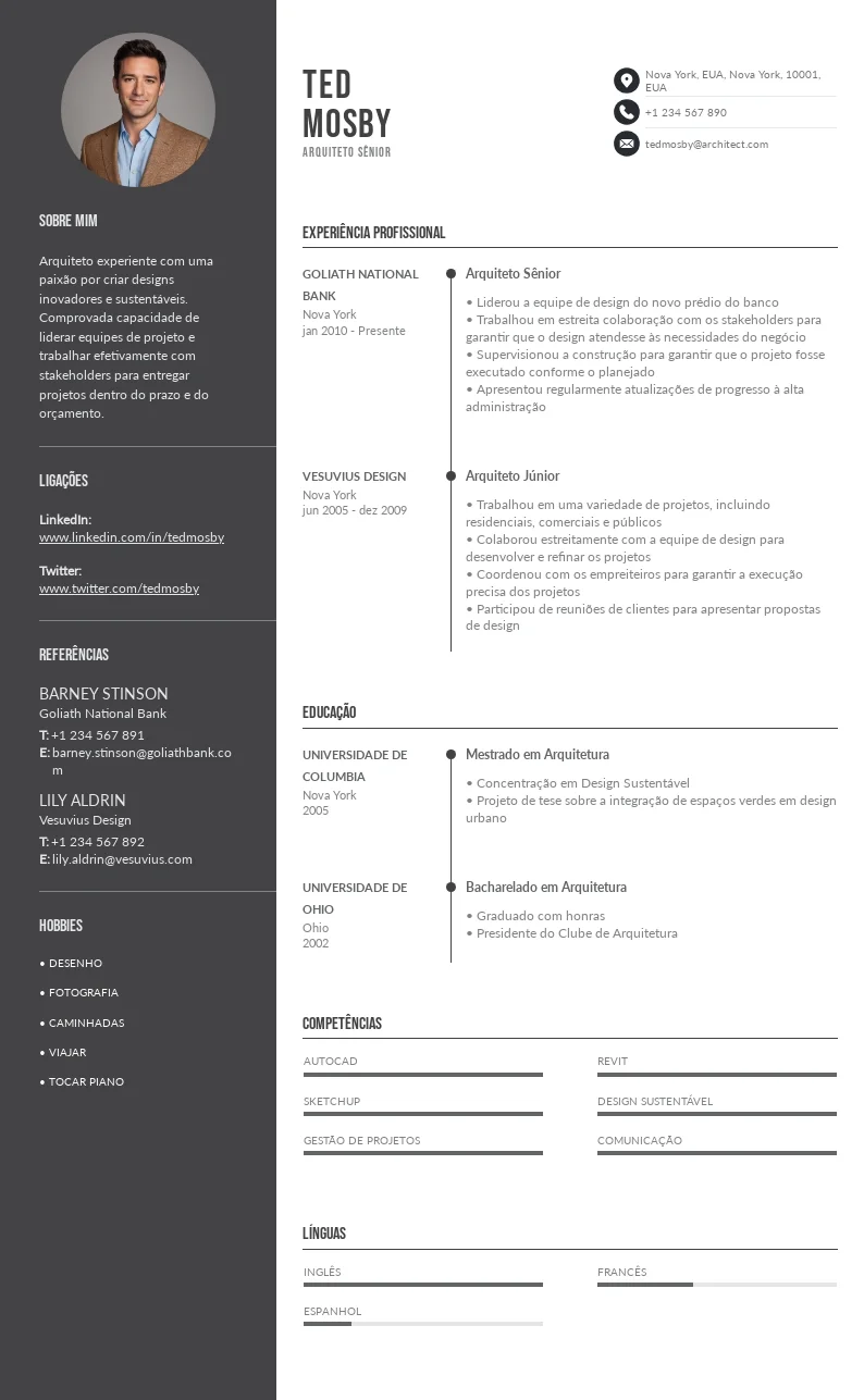Modelo de currículo de arquiteto sênior em português com seções de sobre mim, experiência, formação, ligações e competências em AutoCAD, Revit e SketchUp