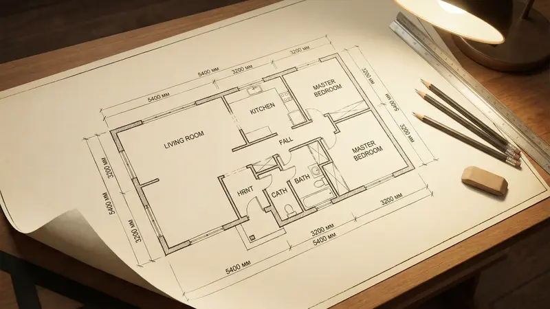 Planta baixa arquitetônica cotada sobre prancha — exemplo de saída final do workflow no AutoCAD, com dimensões em milímetros