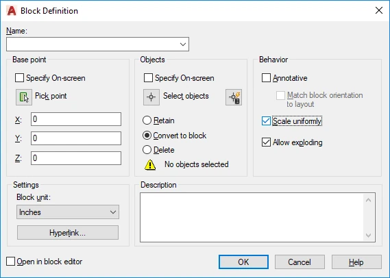 Caixa de diálogo Block Definition do AutoCAD, com Name, Base point (Pick point) e Objects (Select objects) para criar um bloco