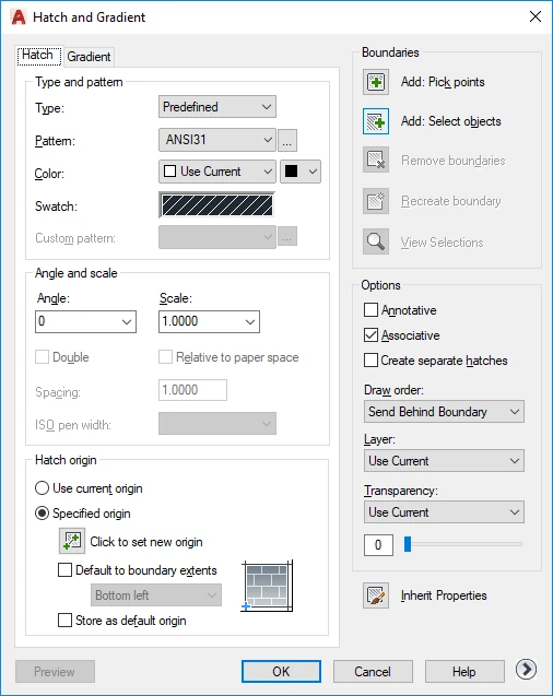 Caixa de diálogo Hatch and Gradient do AutoCAD com Type and pattern (ANSI31), Angle and scale e Boundaries