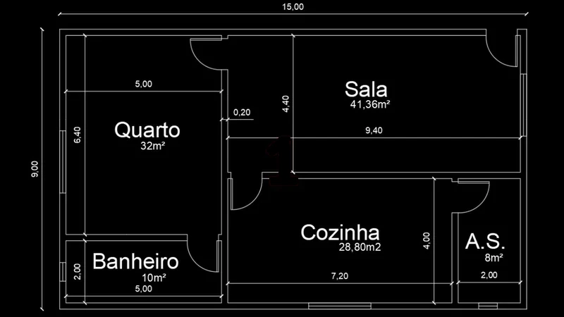 Planta baixa de uma residência desenhada no AutoCAD, com os cômodos (quarto, sala, cozinha, banheiro) e as cotas em metros
