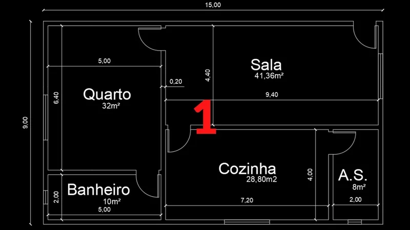 Planta baixa residencial no AutoCAD com cômodos identificados Sala Quarto Cozinha Banheiro e cotas em centímetros sobre fundo preto