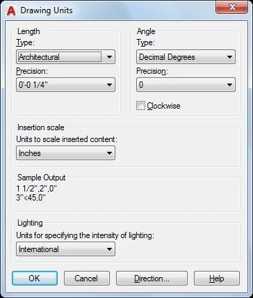 Caixa de diálogo Drawing Units do AutoCAD, aberta pelo comando UNITS, com Length Type e Insertion scale