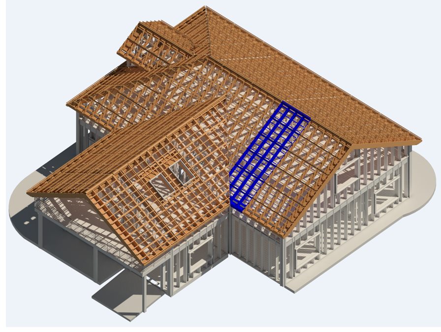 Estrutura de madeira de um telhado modelada no Revit: caibros, terças e treliças sobre as paredes de uma casa, com um trecho destacado em azul