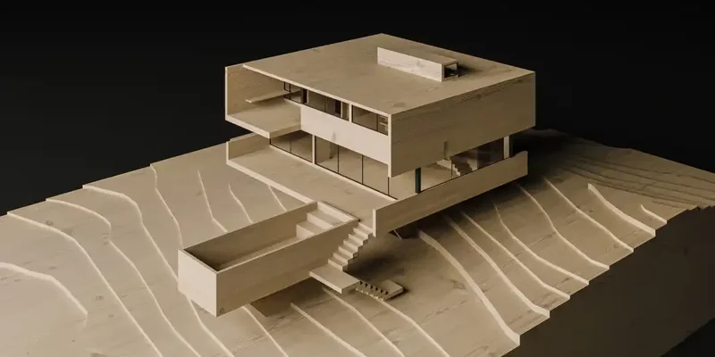 Maquete arquitetônica residencial em base topográfica esculpida com curvas de nível em paspatur empilhado