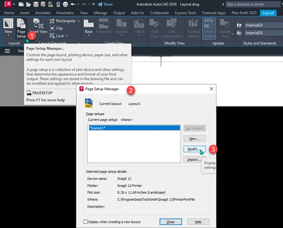 Caixa de diálogo Page Setup Manager do AutoCAD, acessada pela aba Output, com a lista de page setups e os botões Set Current, New e Modify