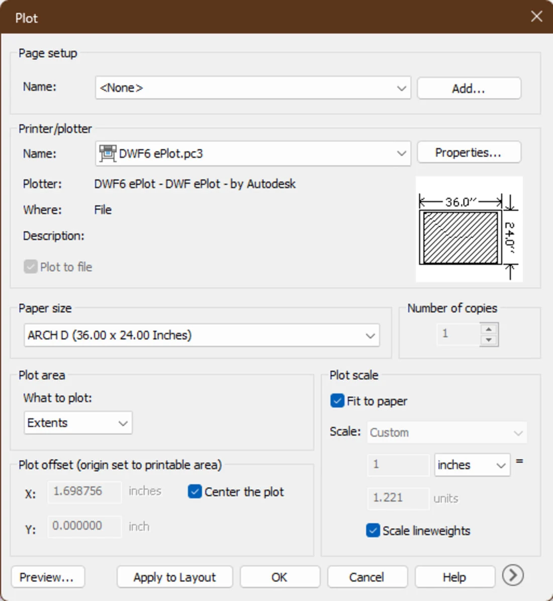 Caixa de diálogo Plot do AutoCAD com Printer/plotter, Paper size e Plot scale para gerar o PDF da prancha