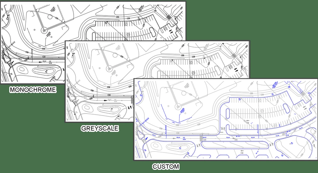 O mesmo desenho do AutoCAD plotado com três estilos diferentes: monocromático, tons de cinza e colorido