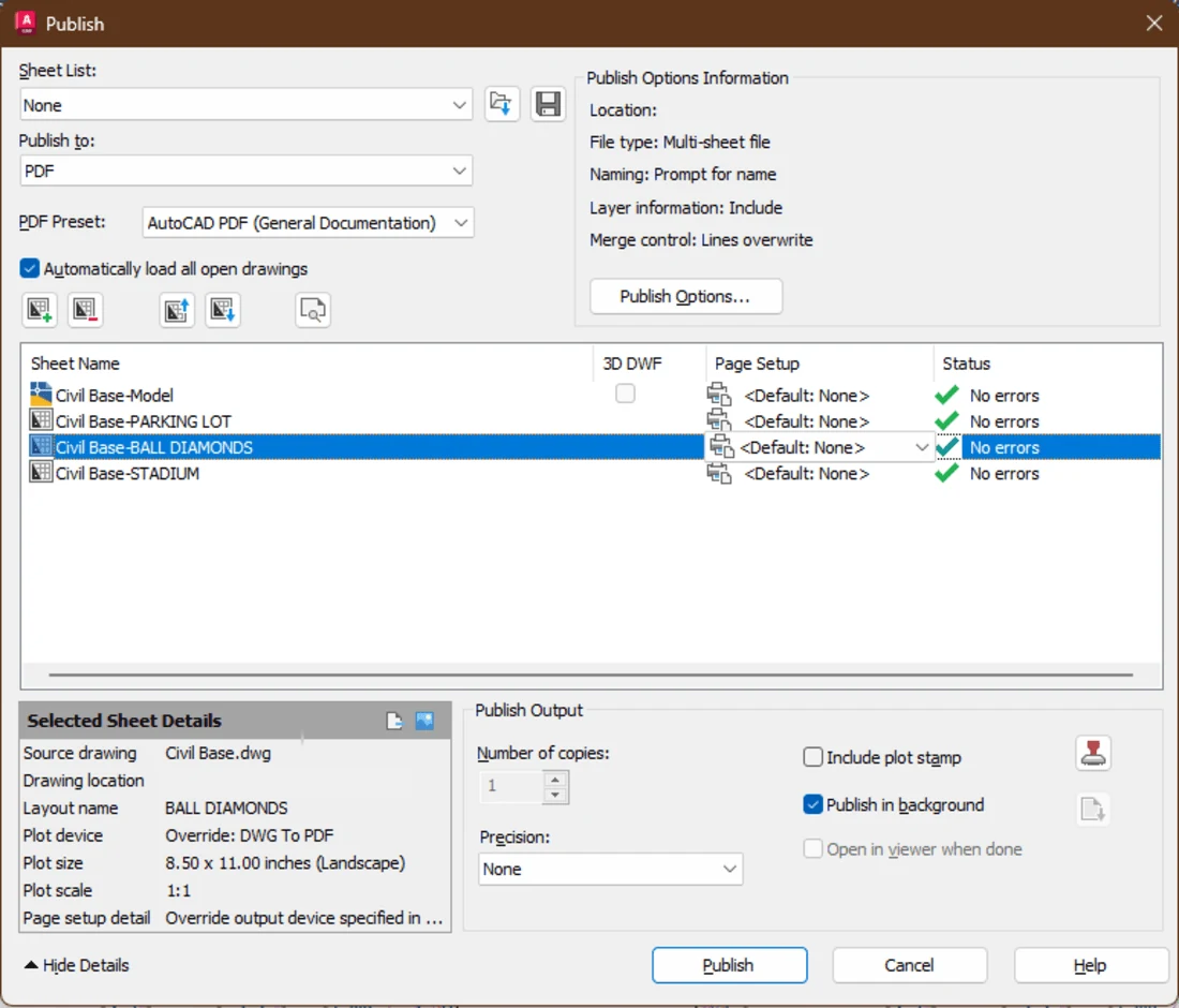 Caixa de diálogo Publish do AutoCAD com lista de folhas e opção Publish to PDF selecionada