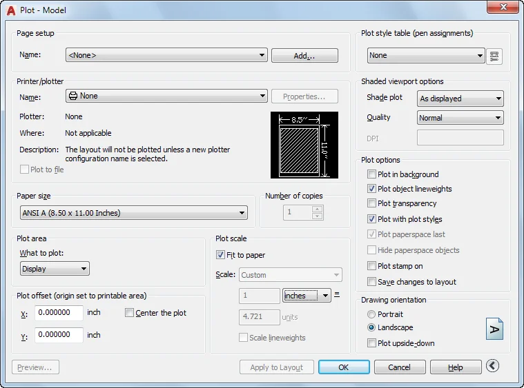 Janela Plot - Model do AutoCAD com Page Setup, Printer plotter, Plot Style Table, Paper size ANSI A e Plot scale, configurada para gerar PDF