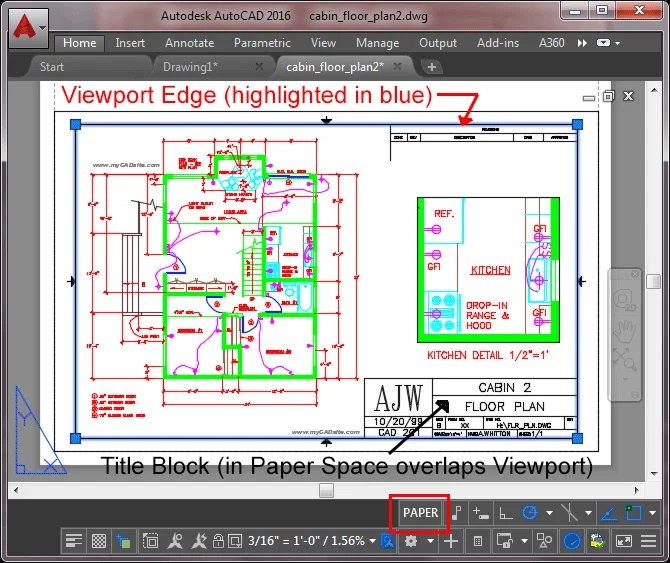 Tela do AutoCAD em Paper Space mostrando viewport com planta arquitetonica e carimbo no canto inferior direito, destacando a borda da viewport e o title block