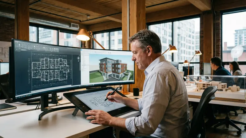 Arquiteto trabalhando em estação com monitor curvo exibindo planta baixa e modelo 3D em programa CAD