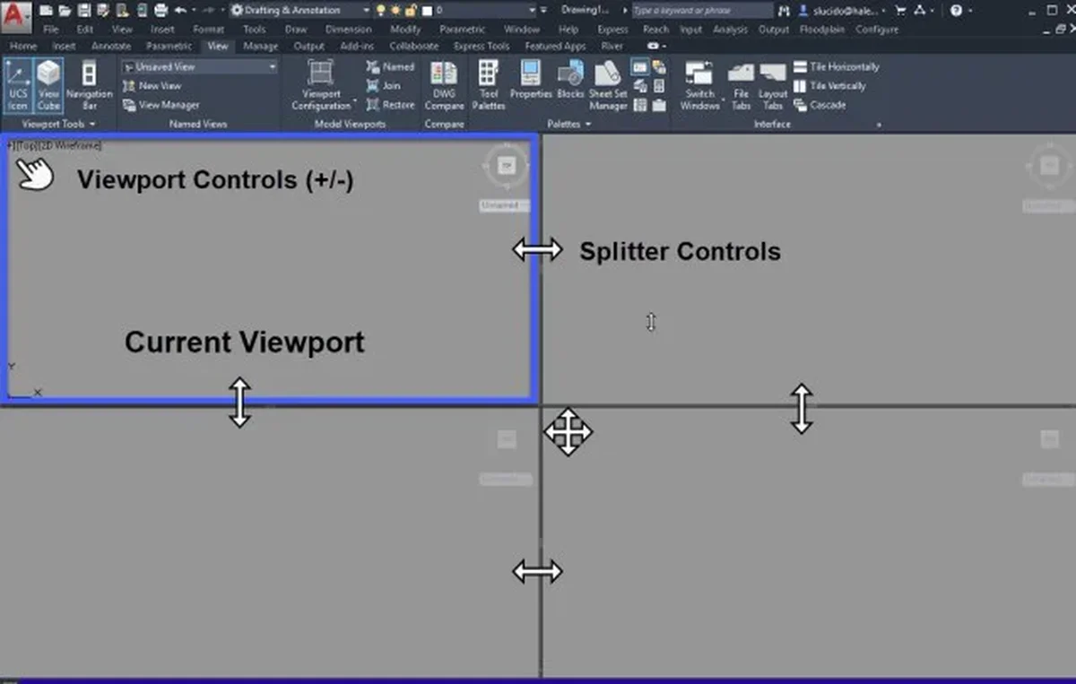 Interface do AutoCAD com ribbon Viewport Tools ativo e anotações didáticas indicando Current Viewport, Viewport Controls e Splitter Controls