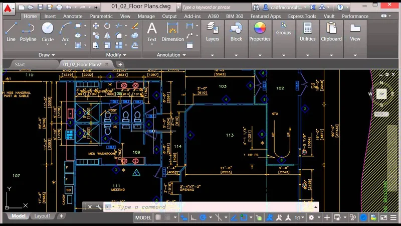 Interface do AutoCAD com planta baixa aberta na viewport, ribbon visível no topo, abas Home Insert Annotate e linha de comando ativa