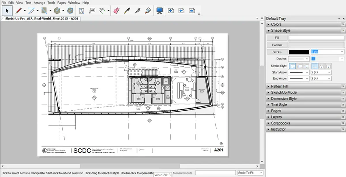 Interface do LayOut do SketchUp com prancha técnica A201 montada — painéis Shape Style, Pattern Fill, SketchUp Model e Dimension Style visíveis na lateral