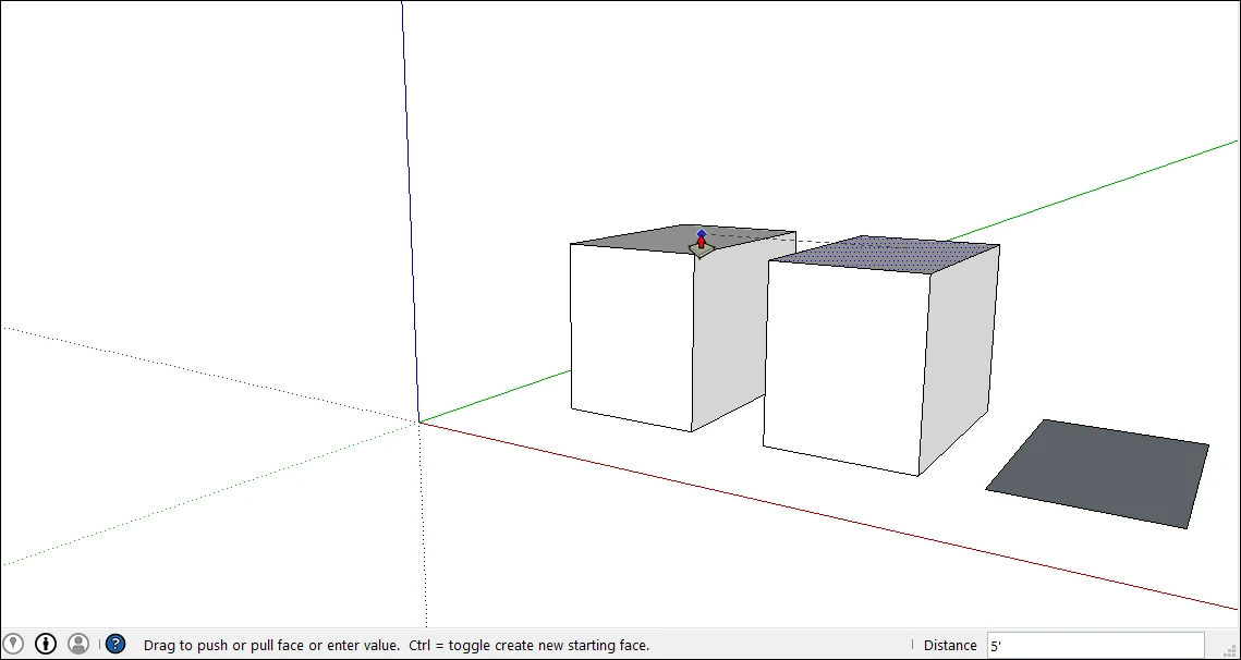 SketchUp Push/Pull extrudando dois volumes para cima, demonstrando a ferramenta em uso sobre faces 2D