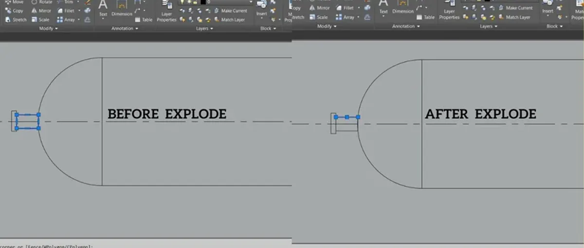 Comparação BEFORE EXPLODE e AFTER EXPLODE no AutoCAD — mesmo objeto antes e depois do comando, mostrando o bloco se transformando em entidades individuais