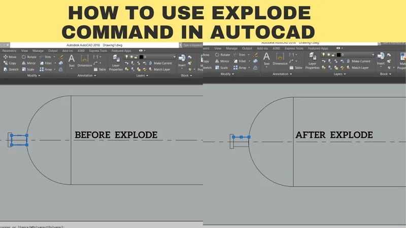 Tela do AutoCAD mostrando comparativo BEFORE EXPLODE e AFTER EXPLODE de um bloco com a interface da ribbon Modify visível