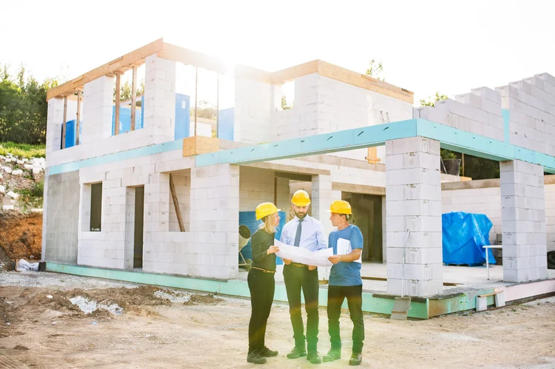 Arquiteto e construtores analisam planta sobre o terreno em frente à casa em obra